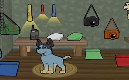 A scene from the game in which the child has to help Patch the dog pack a bag by tapping the items mentioned in the audio.