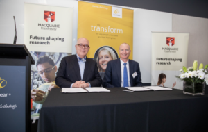 Macquarie’s Vice-Chancellor Professor S. Bruce Dowton (left) and Cochlear’s President Dig Howitt (right).