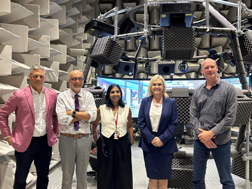 Federal MP Jenny Ware (second from right), in the anechoic chamber with Macquarie University Hearing staff and researchers Dr Romaric Bouveret, Distinguished Professor David McAlpine, Professor Bamini Gopinath, and Associate Professor Jorg Buchholz
